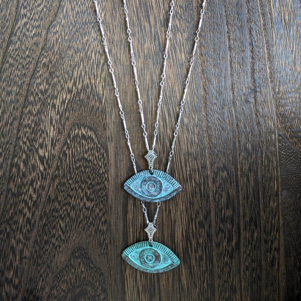 Green and Blue evil eye protection necklace, Handpainted patina eye necklace - Picture 7 of 9